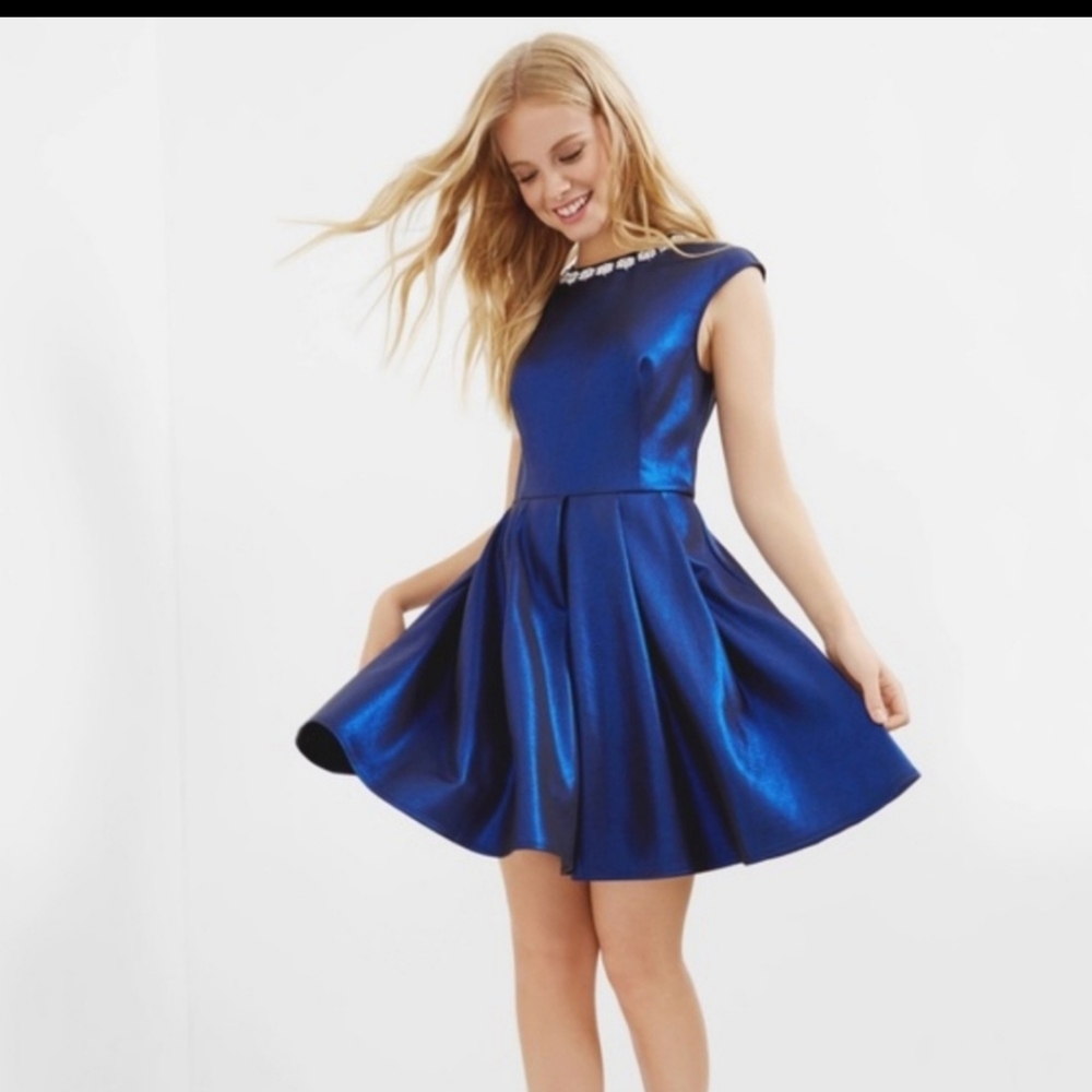 Ted Baker Ayma mid blue embellished neckline skater dress
